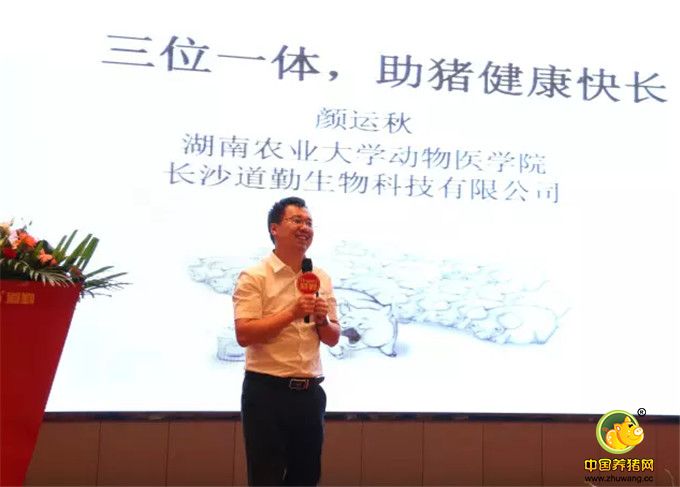 湖南农业大学动物医学院博士、长沙道勤生物科技有限公司技术总监颜运秋带来了《三位一体，助猪健康快长》的主题报告。