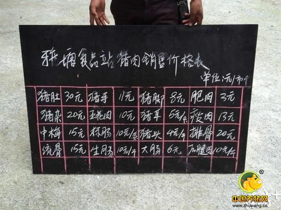 雅塘镇食品站公布的11月18日猪肉价格表，这面黑板每日更新价格后都会挂在农贸市场。